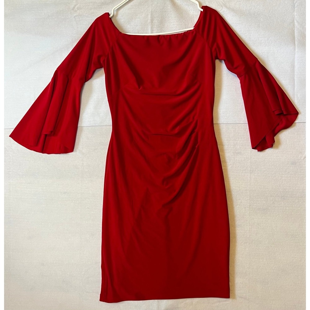 Lauren Ralph Lauren Red Bell Sleeve Off Shoulder Ruched Sheath Cocktail Dress 2